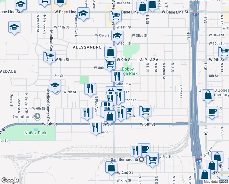 map of restaurants, bars, coffee shops, grocery stores, and more near 1190 West 7th Street in San Bernardino
