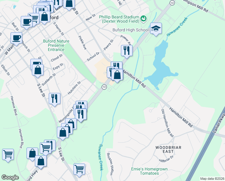 map of restaurants, bars, coffee shops, grocery stores, and more near 2129 State Highway 13 in Buford