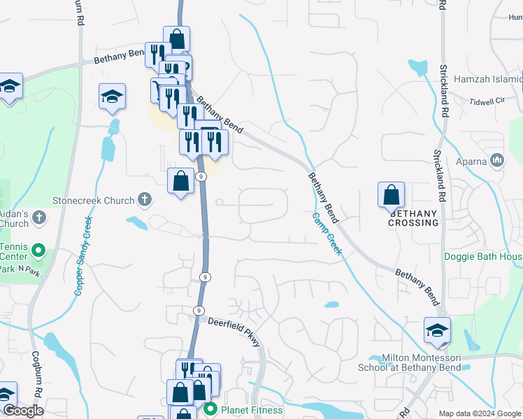 map of restaurants, bars, coffee shops, grocery stores, and more near 175 Lembeth Court in Alpharetta
