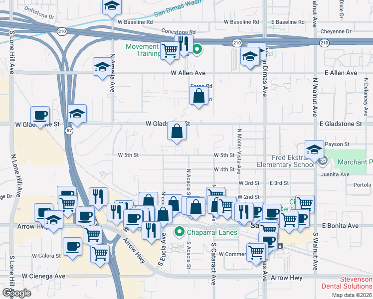 map of restaurants, bars, coffee shops, grocery stores, and more near 403 West 5th Street in San Dimas