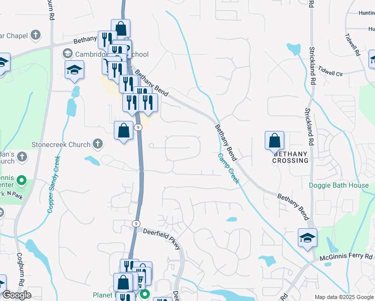 map of restaurants, bars, coffee shops, grocery stores, and more near 205 Lembeth Court in Alpharetta
