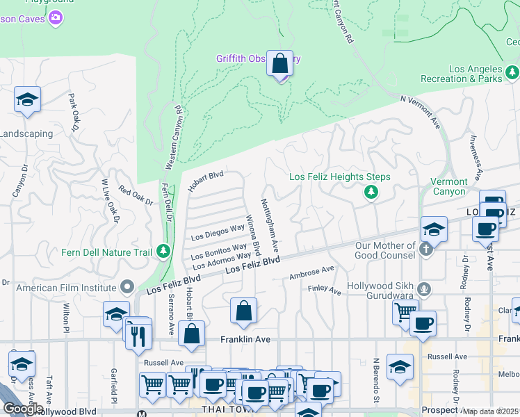 map of restaurants, bars, coffee shops, grocery stores, and more near 2401 Nottingham Avenue in Los Angeles