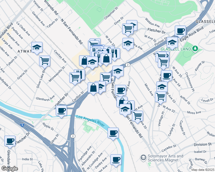 map of restaurants, bars, coffee shops, grocery stores, and more near 2910 North San Fernando Road in Los Angeles