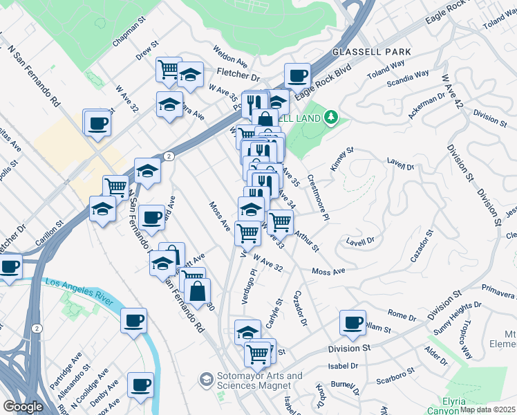 map of restaurants, bars, coffee shops, grocery stores, and more near 3258 Verdugo Road in Los Angeles