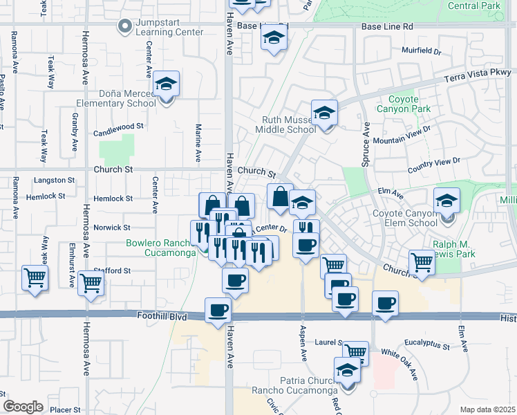 map of restaurants, bars, coffee shops, grocery stores, and more near 10591 Huxley Drive in Rancho Cucamonga