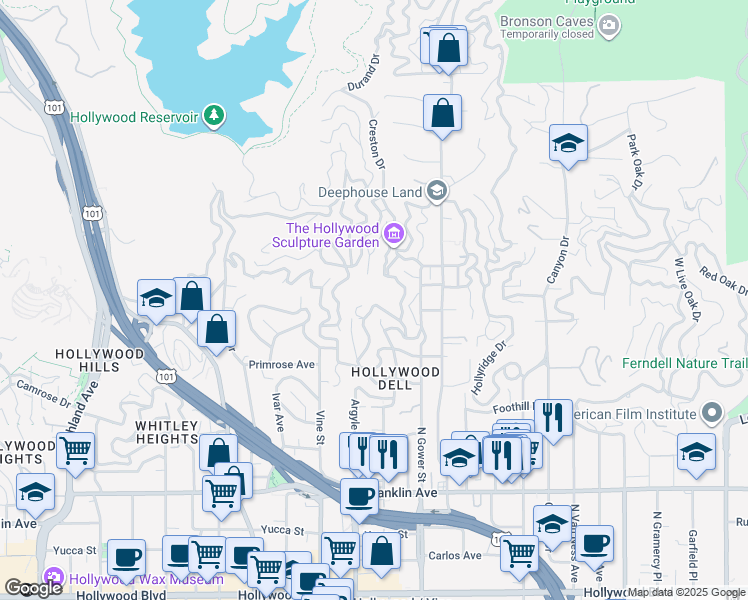 map of restaurants, bars, coffee shops, grocery stores, and more near 6190 Temple Hill Drive in Los Angeles