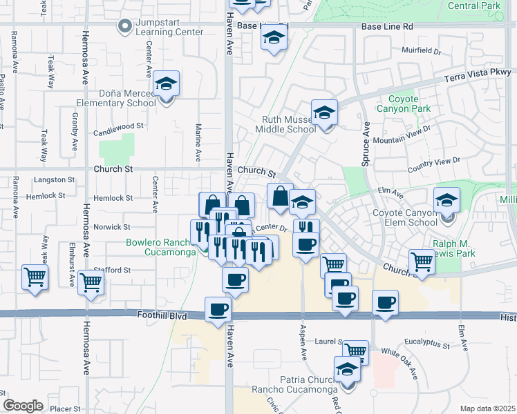map of restaurants, bars, coffee shops, grocery stores, and more near 10590 Town Center Dr in Rancho Cucamonga