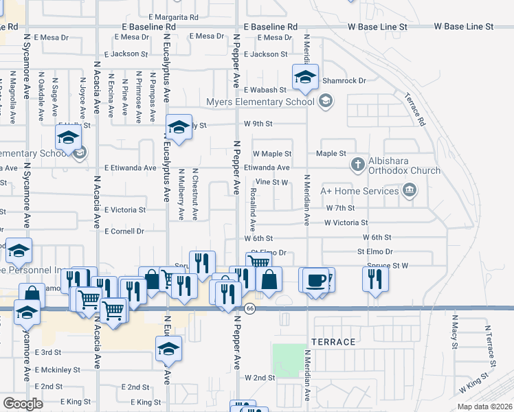 map of restaurants, bars, coffee shops, grocery stores, and more near 2815 West 7th Street in Rialto