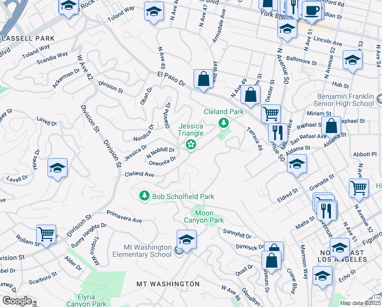 map of restaurants, bars, coffee shops, grocery stores, and more near Cleland Avenue in Los Angeles