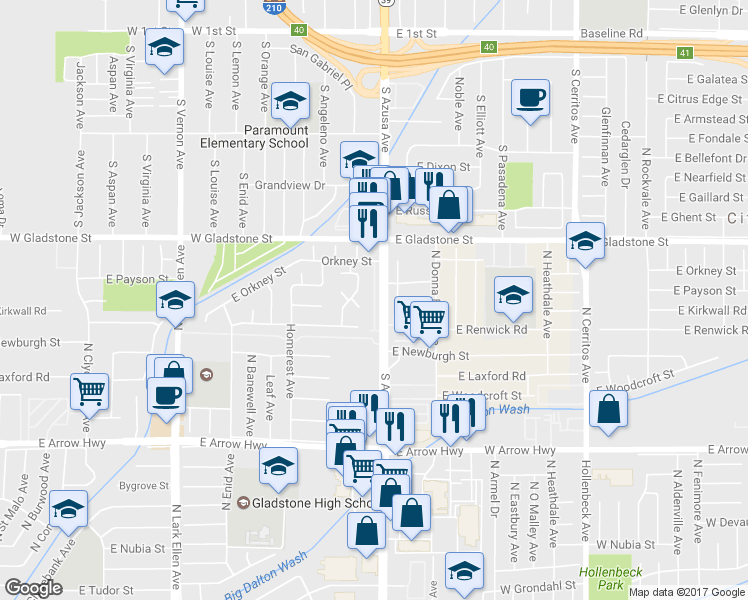 map of restaurants, bars, coffee shops, grocery stores, and more near 600-648 South Azusa Avenue in Azusa