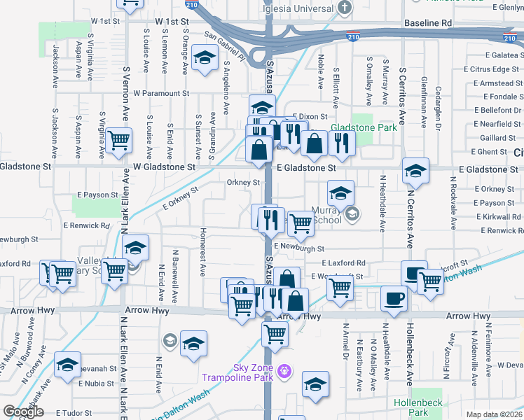 map of restaurants, bars, coffee shops, grocery stores, and more near 555 South Azusa Avenue in Azusa