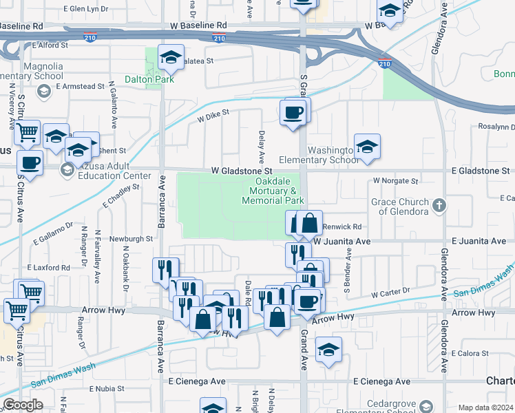 map of restaurants, bars, coffee shops, grocery stores, and more near 1401 South Grand Avenue in Glendora
