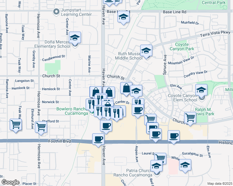 map of restaurants, bars, coffee shops, grocery stores, and more near 10591 Huxley Drive in Rancho Cucamonga