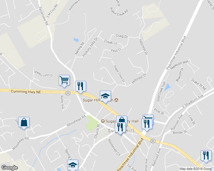 map of restaurants, bars, coffee shops, grocery stores, and more near 1255 Hillcrest Glenn Circle in Sugar Hill