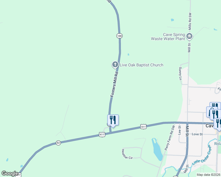 map of restaurants, bars, coffee shops, grocery stores, and more near 5606 Fosters Mill Road in Cave Spring