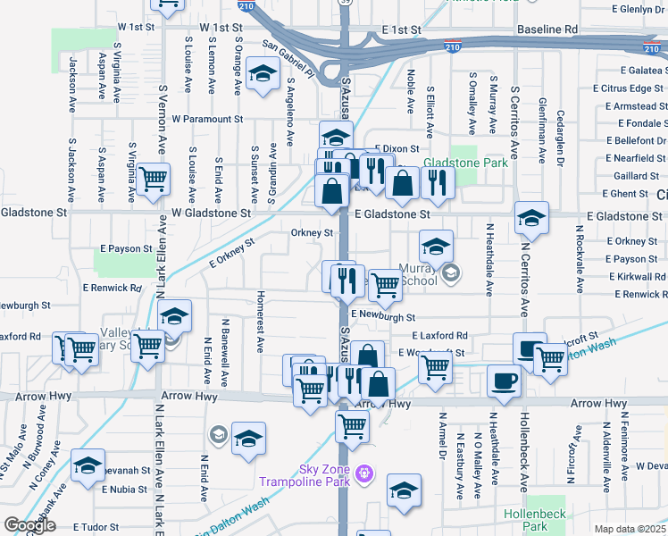 map of restaurants, bars, coffee shops, grocery stores, and more near 555 South Azusa Avenue in Azusa