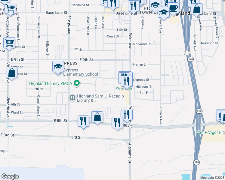 map of restaurants, bars, coffee shops, grocery stores, and more near 27182 Fleming Street in Highland