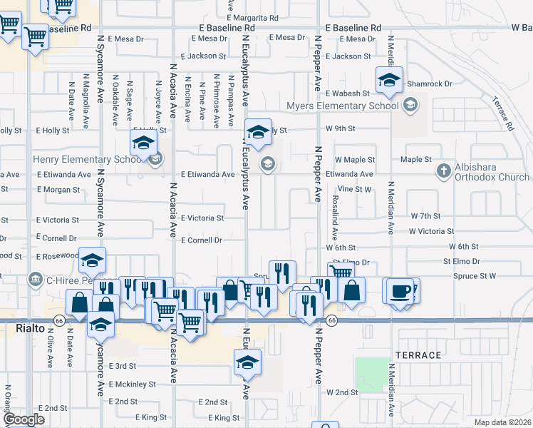 map of restaurants, bars, coffee shops, grocery stores, and more near 657 North Chestnut Avenue in Rialto