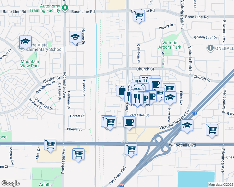 map of restaurants, bars, coffee shops, grocery stores, and more near 7828 Day Creek Boulevard in Rancho Cucamonga