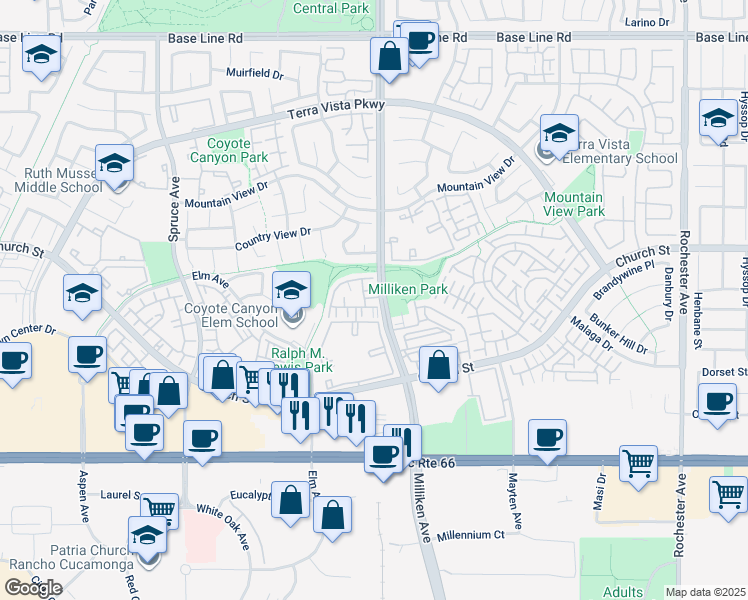 map of restaurants, bars, coffee shops, grocery stores, and more near 7868 Milliken Avenue in Rancho Cucamonga