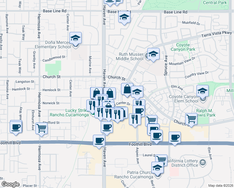 map of restaurants, bars, coffee shops, grocery stores, and more near 10590 Town Center Dr in Rancho Cucamonga