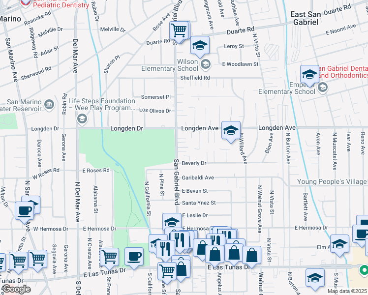 map of restaurants, bars, coffee shops, grocery stores, and more near 8213 Joshua Court in San Gabriel