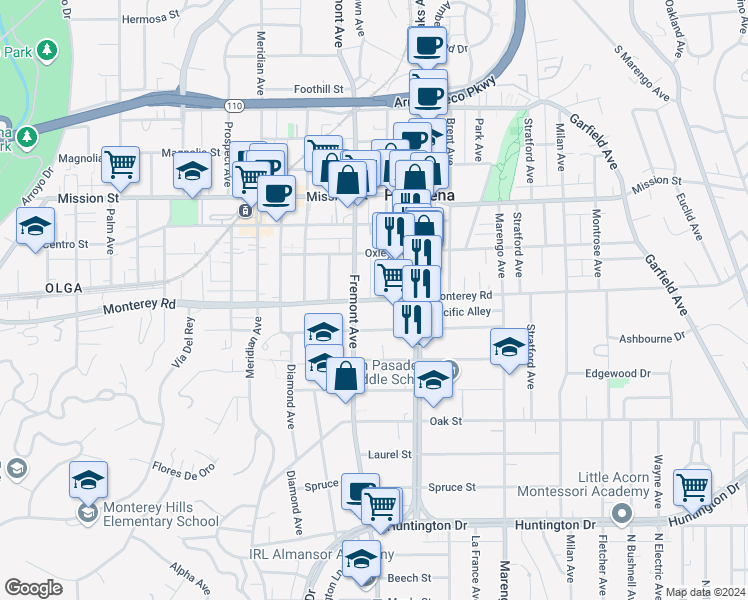 map of restaurants, bars, coffee shops, grocery stores, and more near 1422 Lyndon Street in South Pasadena