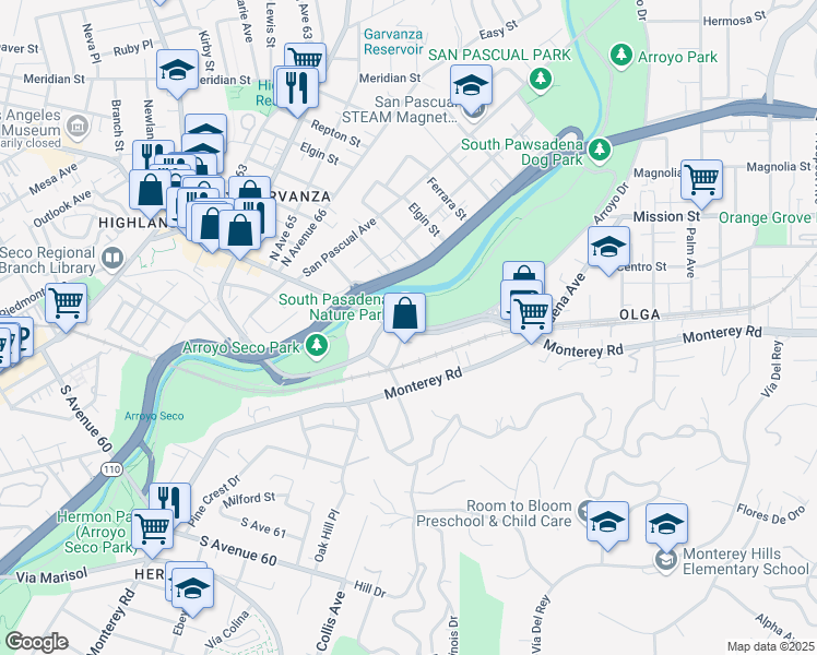 map of restaurants, bars, coffee shops, grocery stores, and more near 1010 Sycamore Avenue in South Pasadena