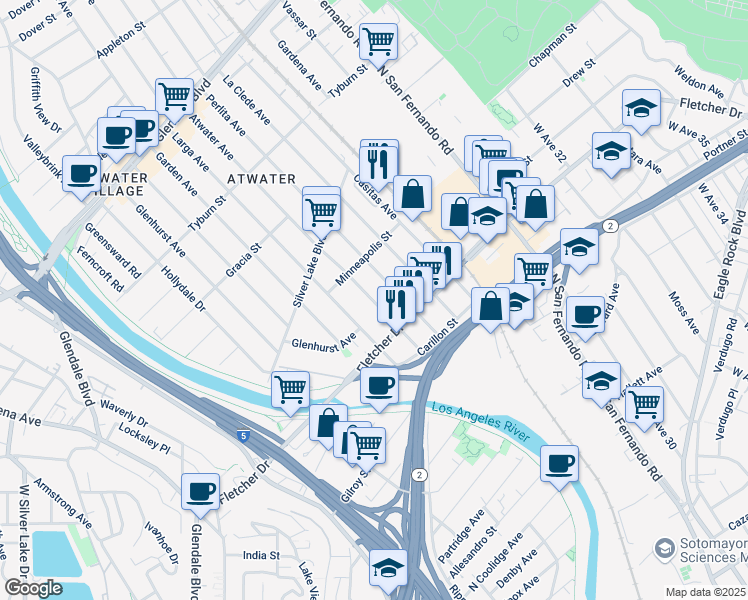 map of restaurants, bars, coffee shops, grocery stores, and more near in Los Angeles