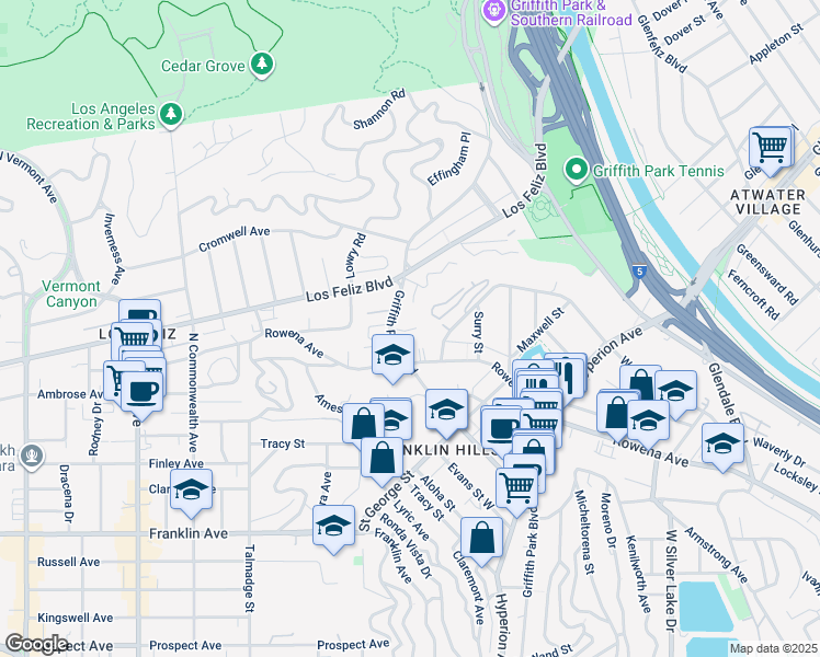 map of restaurants, bars, coffee shops, grocery stores, and more near 3261 Rowena Avenue in Los Angeles