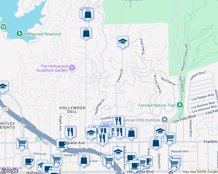 map of restaurants, bars, coffee shops, grocery stores, and more near 2368 Hollyridge Drive in Los Angeles