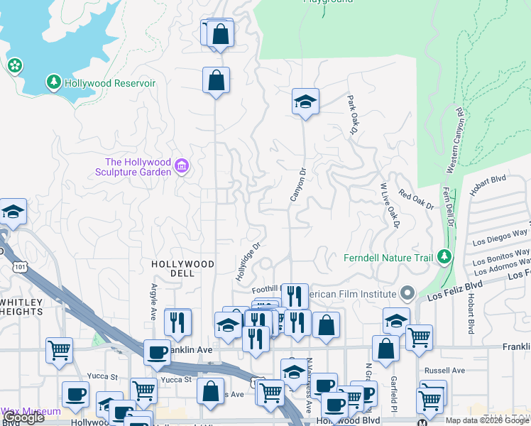 map of restaurants, bars, coffee shops, grocery stores, and more near 2368 Hollyridge Drive in Los Angeles
