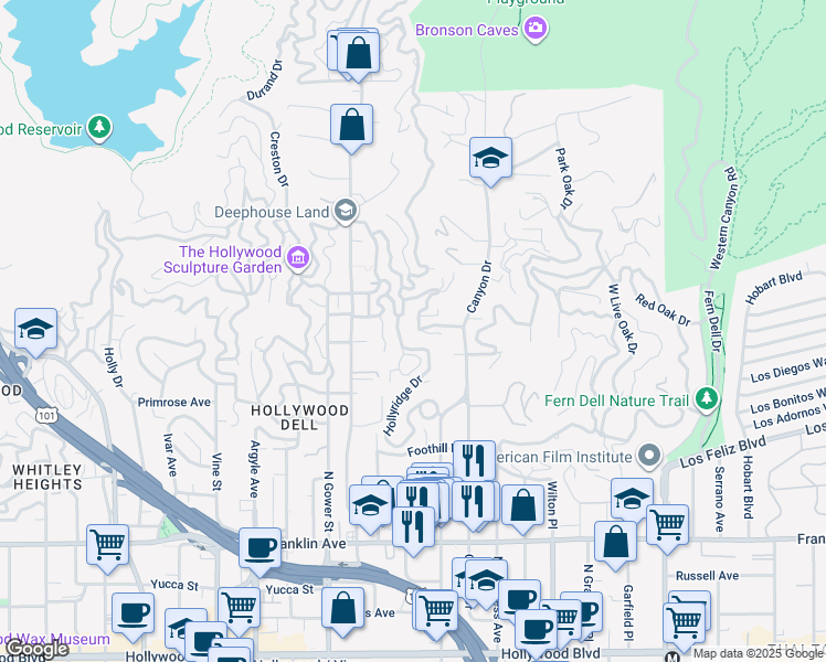 map of restaurants, bars, coffee shops, grocery stores, and more near 2368 Hollyridge Drive in Los Angeles
