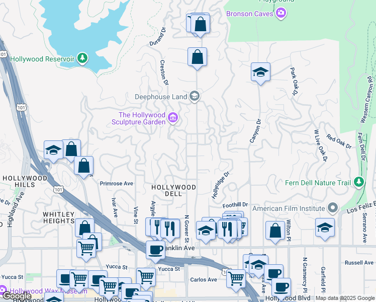 map of restaurants, bars, coffee shops, grocery stores, and more near 6147 Temple Hill Drive in Los Angeles