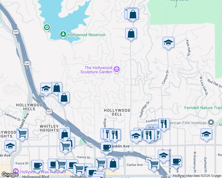 map of restaurants, bars, coffee shops, grocery stores, and more near 6190 Temple Hill Drive in Los Angeles