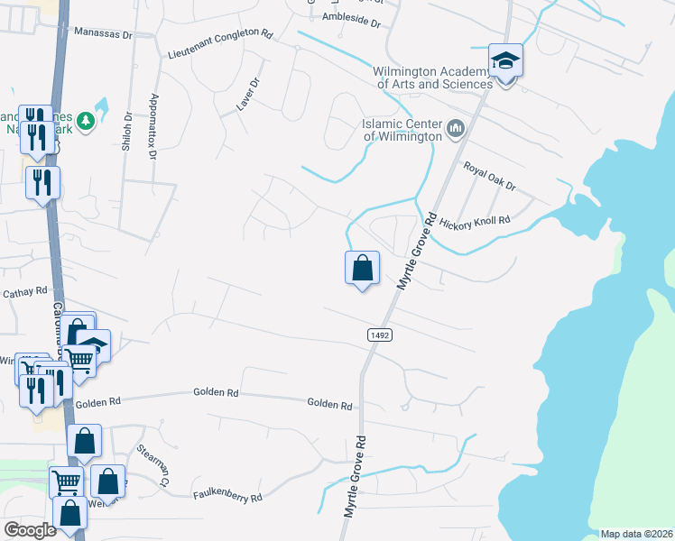 map of restaurants, bars, coffee shops, grocery stores, and more near 6708 Myrtle Grove Road in Wilmington