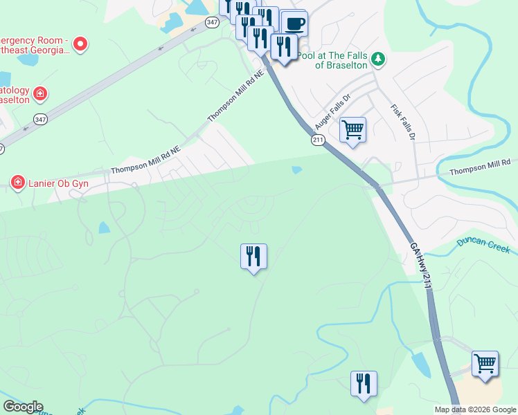 map of restaurants, bars, coffee shops, grocery stores, and more near 6017 Allee Way in Braselton