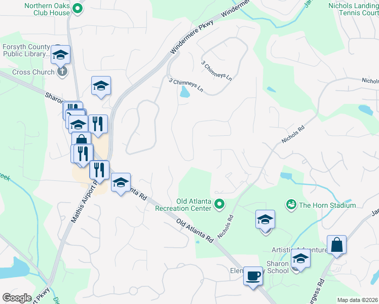 map of restaurants, bars, coffee shops, grocery stores, and more near 4025 Homestead Ridge Drive in Cumming