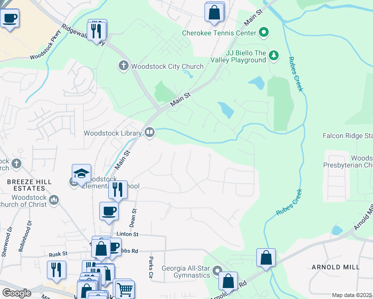 map of restaurants, bars, coffee shops, grocery stores, and more near 631 Oakbourne Way in Woodstock