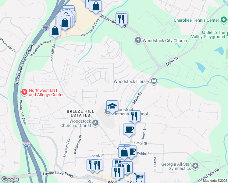 map of restaurants, bars, coffee shops, grocery stores, and more near 532 Quinn Drive in Woodstock