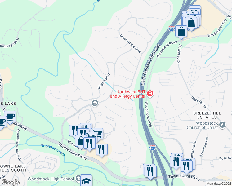map of restaurants, bars, coffee shops, grocery stores, and more near 4203 Moccasin Trail in Woodstock