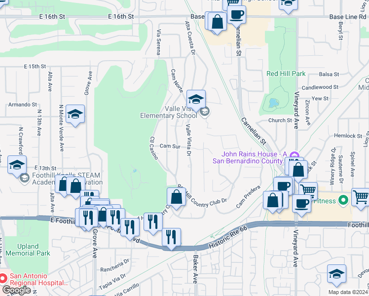 map of restaurants, bars, coffee shops, grocery stores, and more near 8439 Camino Sur in Rancho Cucamonga