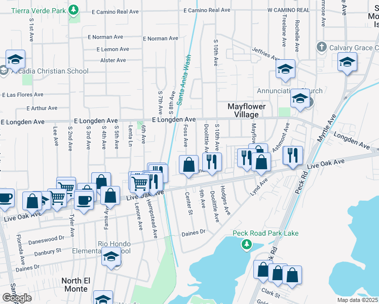 map of restaurants, bars, coffee shops, grocery stores, and more near 2880 Foss Avenue in Arcadia