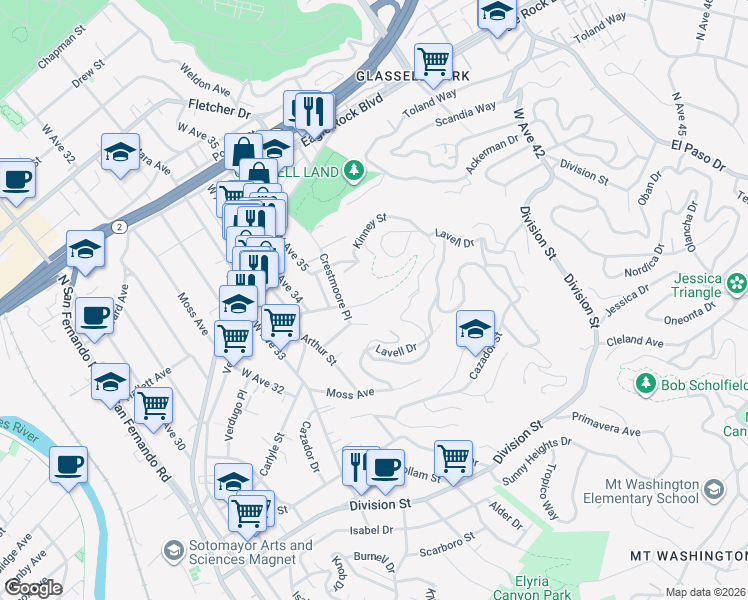 map of restaurants, bars, coffee shops, grocery stores, and more near 3662 The Paseo in Los Angeles