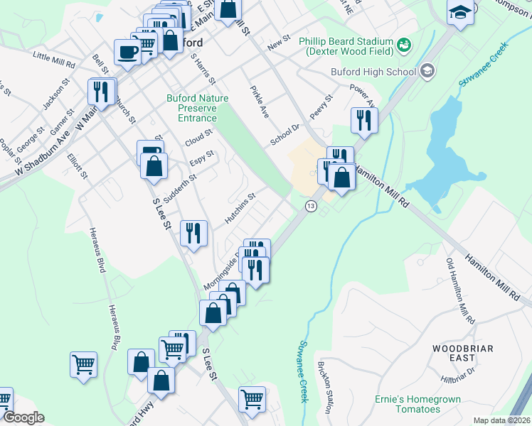 map of restaurants, bars, coffee shops, grocery stores, and more near 4800 Miller Hill Road in Buford
