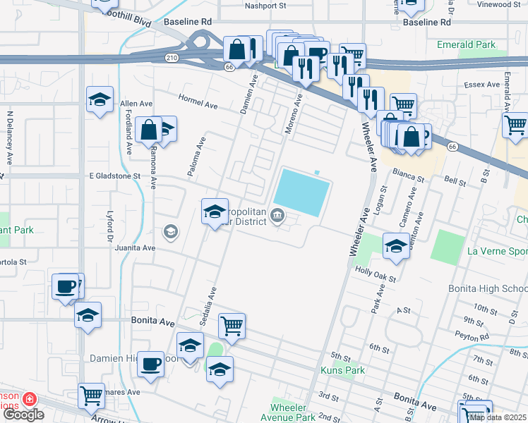 map of restaurants, bars, coffee shops, grocery stores, and more near 700 Moreno Avenue in La Verne