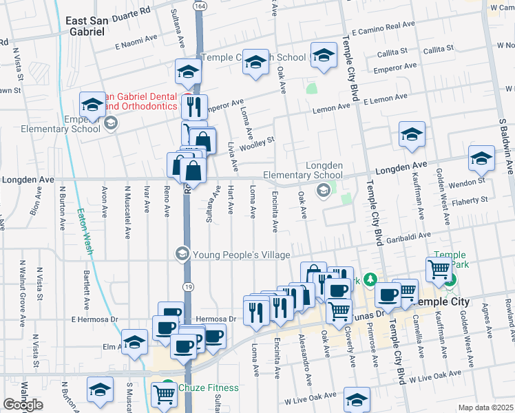 map of restaurants, bars, coffee shops, grocery stores, and more near 6228 Loma Avenue in Temple City