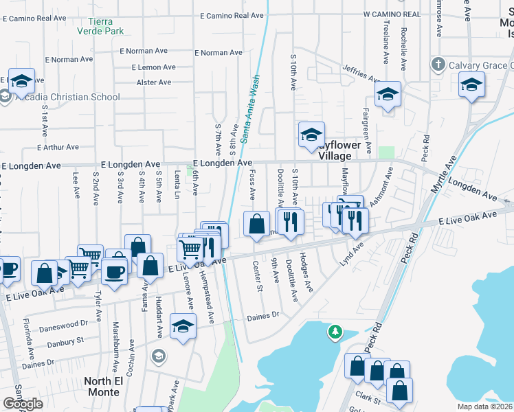 map of restaurants, bars, coffee shops, grocery stores, and more near 2880 Foss Avenue in Arcadia