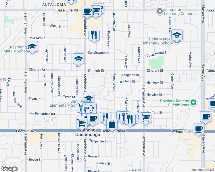 map of restaurants, bars, coffee shops, grocery stores, and more near 9854 Madera Court in Rancho Cucamonga