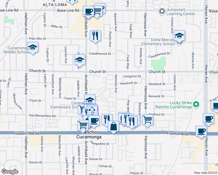 map of restaurants, bars, coffee shops, grocery stores, and more near 9854 Madera Court in Rancho Cucamonga